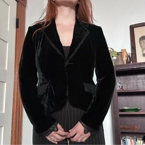 Vintage Gracie Velvet Lace Blazer Womens Size L Black Gothic Goth Romantic Silk